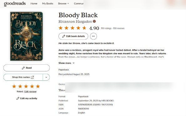 Goodreads stats for Bloody Black by Rhiannon Hargadon — Start — ARC push: 4.90 stars, 150 ratings, 150 reviews