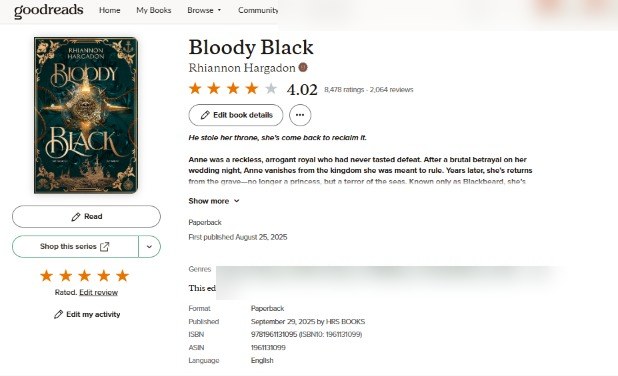 Goodreads stats for Bloody Black by Rhiannon Hargadon — Now — Full marketing stack: 4.02 stars, 8,478 ratings, 2,064 reviews